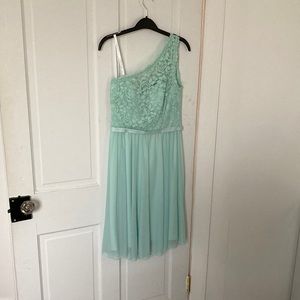 David’s Bridal one-shoulder corded lace bridesmaid’s dress